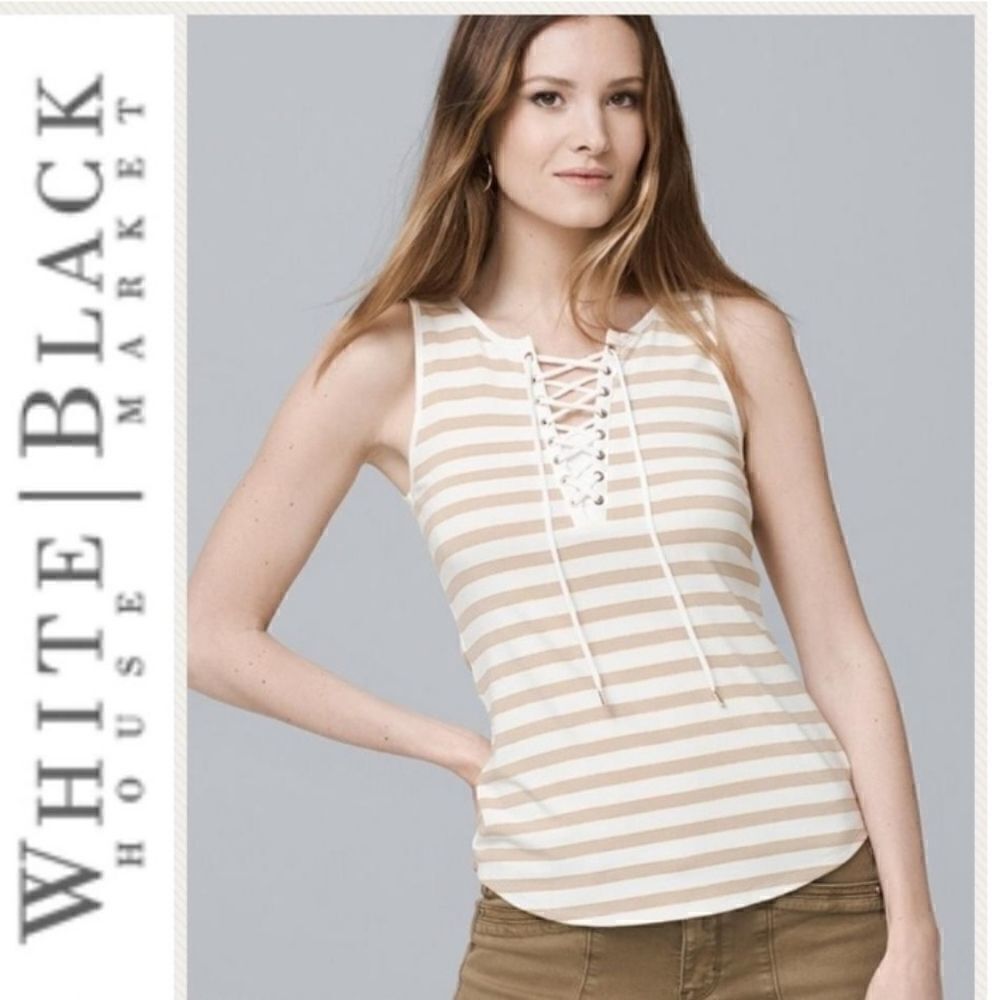 WHITE HOUSE BLACK MARKET WOMEN'S SLEEVELESS TIE FRONT TAN AND WHITE TOP SIZE XS